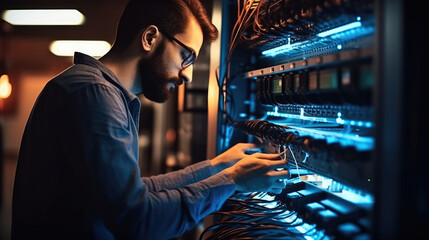 Poster - IT Professional male network are connecting cables in server cabinet while working in big data center.