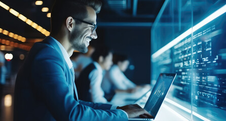Poster - IT Engineer man working on laptop in server room or data center,