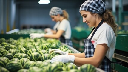 Wall Mural - Woman worker during work sorting watermelon on grading line at fruit factory.