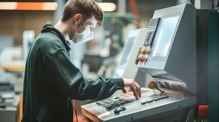 Poster - Industrial worker doing work with operating CNC machine at metal machining industry factory.