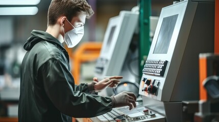 Poster - Industrial worker doing work with operating CNC machine at metal machining industry factory.