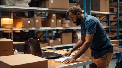Poster - Male entrepreneur checking stock products putting products in packages for shipment at warehouse.