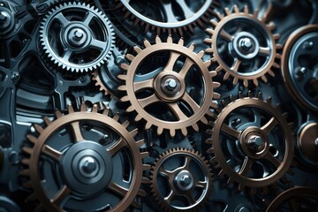 Aufkleber - A close-up view of a bunch of gears. This image can be used to represent mechanical processes, industrial machinery, or the concept of teamwork and collaboration.