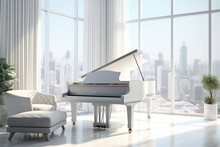 White Piano In Modern Living Room With Big City Background