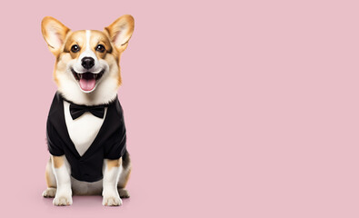 Wall Mural - Corgi dog in clothes, in a tuxedo on a colored background.