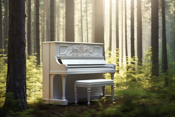 Wall Mural - White piano in the forest with sun light background