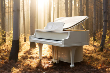 Wall Mural - White piano in the forest with sun light background