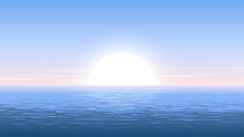 Summer Seascape. Blue Sea Or Ocean, Blue Clear Sky. The Sun Is Setting Behind The Horizon. The Rays Are Reflected In The Water. Ripples On The Water. Vector Illustration.