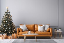 Living Room Christmas Interior In Scandinavian Style. Christmas Tree With Gift Boxes. Orange Sofa On Bright Wall Mockup. 3d Render, 3d Illustration. Generative Ai.