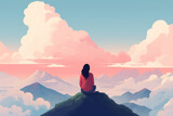 Fototapeta Natura - color block pastel illustration of woman from the back sitting in mindful meditating in nature mountain clouds sky peace/clarity/mental wellbeing/balance digital painting hand drawn look