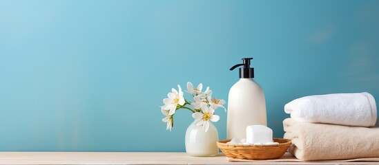 Sticker - Clean towels sponges and a soap dispenser placed on a wooden table in a bathroom setting suitable for adding text