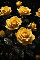 Wall Mural - Yellow rose isolated on black with water drops. ai generative