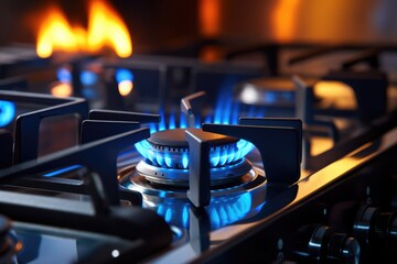 Wall Mural - Detail view on gas cooker with blue flame on while cooking in the kitchen interior. Generative Ai.