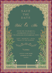 Indian Mughal Wedding Invitation Card Design. Rajasthani arch design invitation card. Save the date deep green wedding card for printing vector illustration.