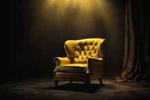 Old Yellow Leather Armchair On Black Background. Ai Generative