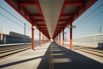 architecture by ai, empty train station platform with empty tracks, symmetric composition, photorealistic // ai-generated