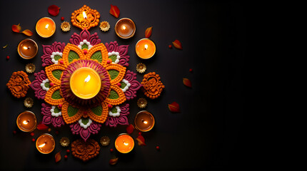 Happy Diwali festival of lights with copy space. Diya lamps banner background wallpaper