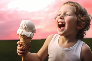 Wall Mural - a smiling boy holding a strawberry ice cream cone.