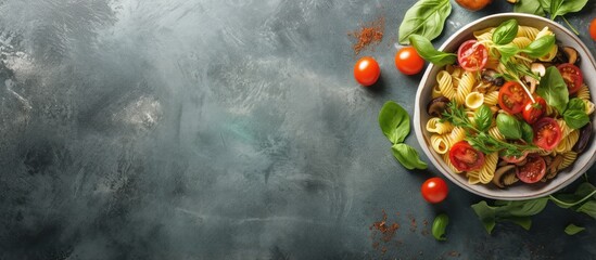 Poster - Healthy vegetarian salad with pasta cherry tomatoes mushrooms and fresh spinach on a isolated pastel background Copy space