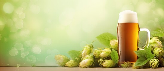Poster - Hops on isolated pastel background Copy space with beer in glass and bottle