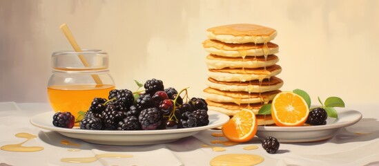 Poster - Mini pancakes topped with fruit and honey on a plate accompanied by yogurt and honey in the background isolated pastel background Copy space