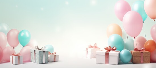 Aufkleber - Gift box with colorful balloons on isolated pastel background Copy space