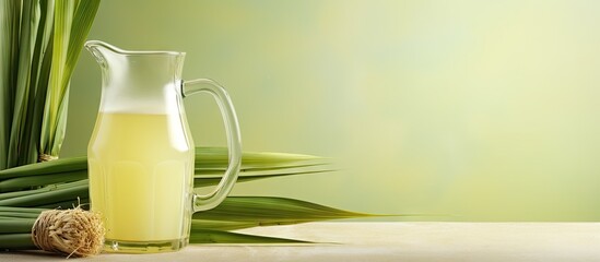 Poster - Glass jug of fresh sugar cane juice isolated on a isolated pastel background Copy space