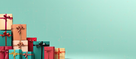 Poster - Gift boxes stacked together with a isolated pastel background Copy space