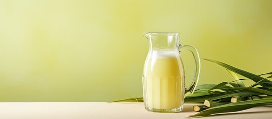Canvas Print - Glass jug of fresh sugar cane juice isolated on a isolated pastel background Copy space