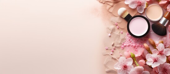 Poster - Makeup accessories on isolated pastel background Copy space