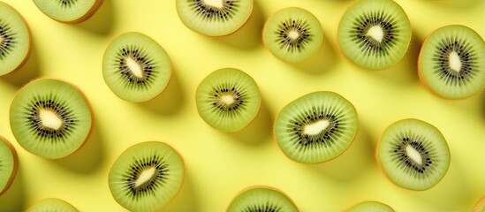 Poster - Kiwi a tropical fruit can be enjoyed as a healthy snack both whole and sliced isolated pastel background Copy space