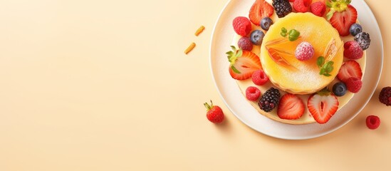 Poster - Gorgeous little cake with fruit on isolated pastel background Copy space