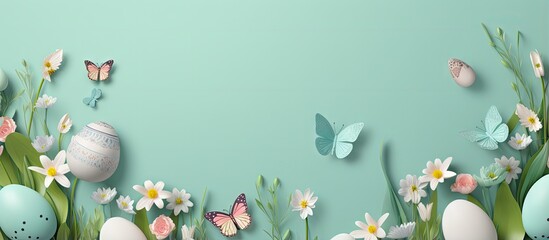 Poster - Green Easter eggs and holiday symbols paper art elements grass flowers butterflies Isolated on a isolated pastel background Copy space Raster copy illustration