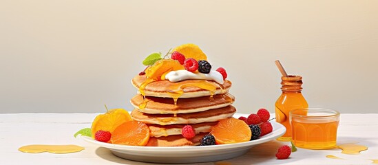 Poster - Mini pancakes topped with fruit and honey on a plate accompanied by yogurt and honey in the background isolated pastel background Copy space