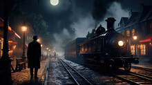 Stepping Back In Time. Vintage Street Lights Illuminate The Midnight Train Station. Generative AI