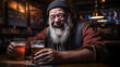 Charming, delighted brewmaster reveling in amusement within a rustic tavern, expertly cradling his freshly brewed beer with a contagious expression of enjoyment.