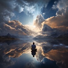 Isolated Person Gazes At The Heavenly Sky In A Fantasy Landscape, Immersed In Meditation And Spiritual Reflection.