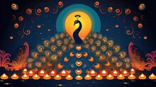 Happy Diwali Poster With Peacock Illustration. Indian Festival Of Lights Design. Suitable For Greeting Card, Banner, Flyer, Template, Wallpaper, Background, Book Illustration, Web Landing Page.