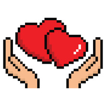 Hand Holding A Heart Icon 8 Bit, Pixel Art Icon For Game Logo.