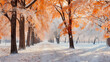 First snowfall in a bright colorful city park in autumn. First snow in late autumn - weather forecast