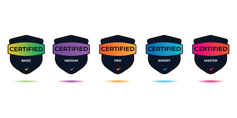 Set of company training badge certificates to determine based on criteria. certified shield badge, lavel, flat vector, game certification icon template. achievement design icon. 