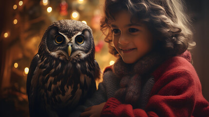 Wall Mural - boy with santa hat hugging an owl, friendship and love concept at christmas