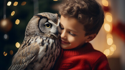 Wall Mural - boy with santa hat hugging an owl, friendship and love concept at christmas