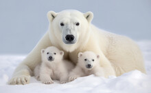 Portrait Of Mother Polar Bear With Her Cute Cubs In Snow