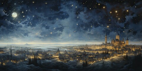 Wall Mural - ai generated. ai generative. night evening glowing sky background. drawing painting landscape templa