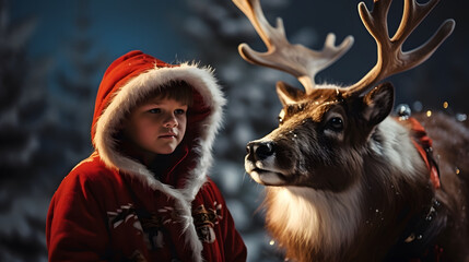 Wall Mural - boy with santa hat hugging a reindeer, friendship and love concept at christmas