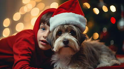Wall Mural - boy with santa hat hugging a dog, friendship and love concept at christmas