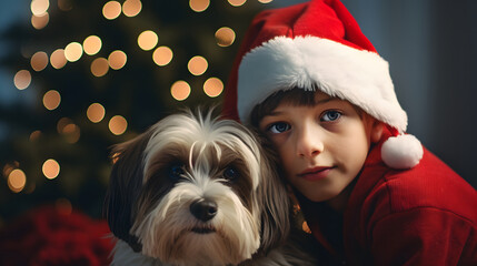 Wall Mural - girl in santa claus hat with a dog