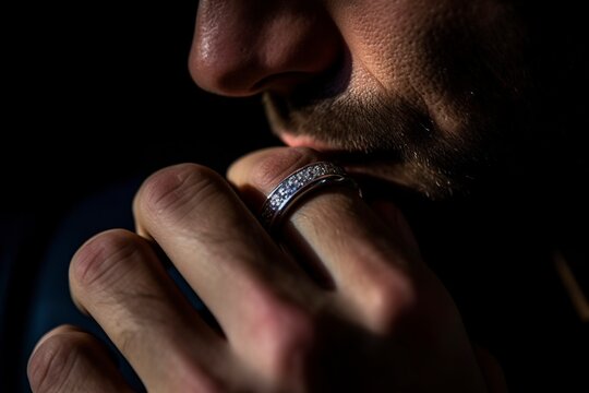 Detail of a luxurious male diamond ring, on a finger on a man's hand.