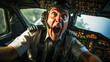 Tense pilot in cockpit with apprehensive expression, underlining the pressures of aviation. Ideal for concept of stress and worry within high-risk professions.